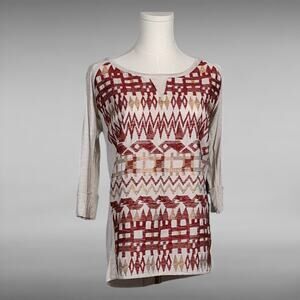 Dolan Anthropologie Size Small Blouse Aztec Pattern 3/4 Sleeve Tan Red Gold